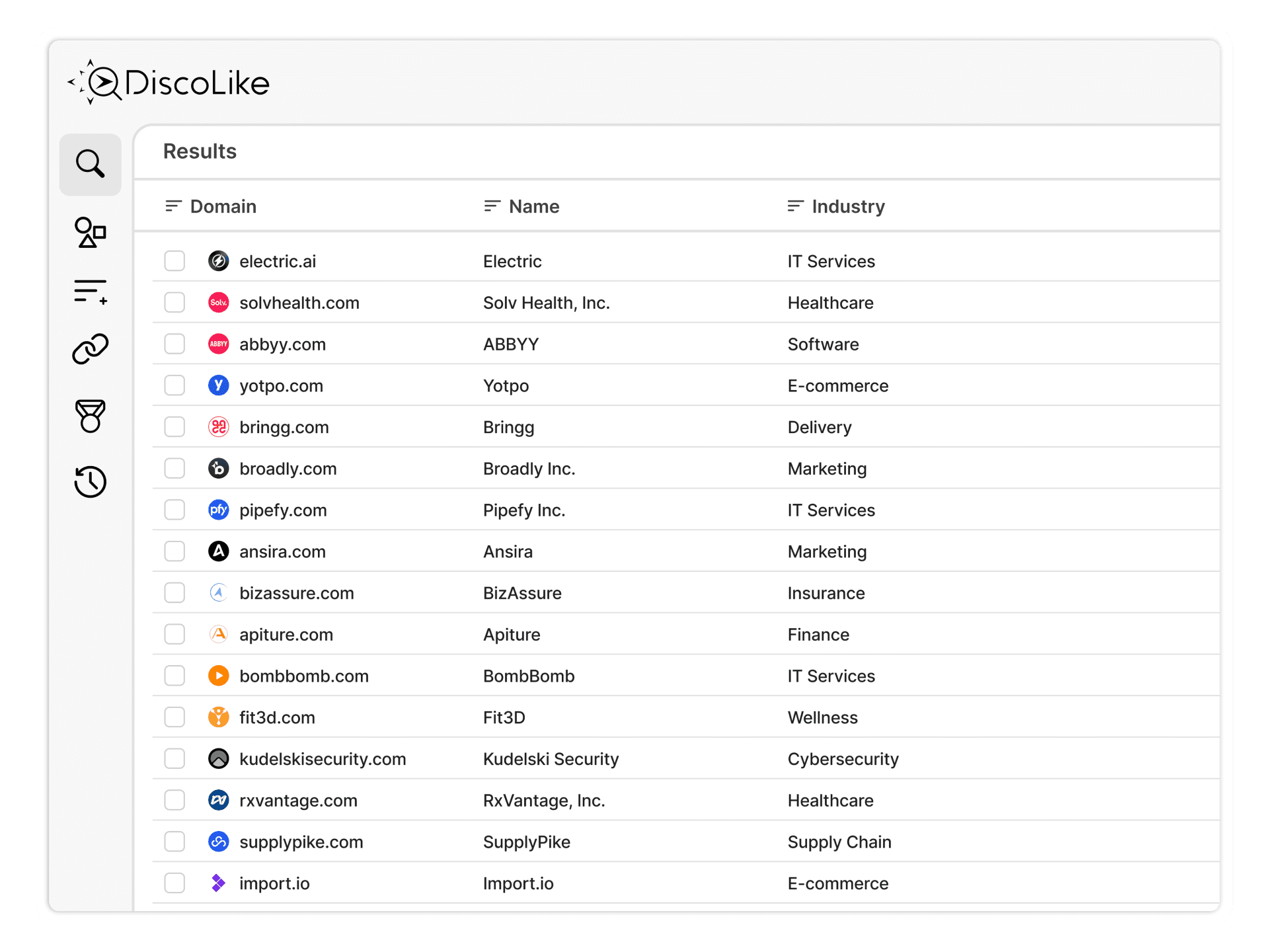DiscoLike results panel showing matched domains